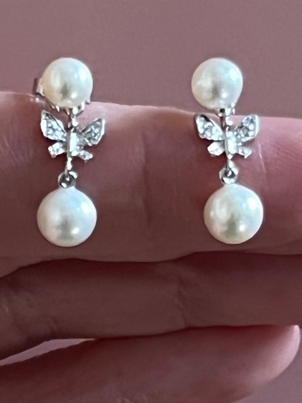 Pearl White Gold Diamond  Butterfly Drop Earrings - Bridal